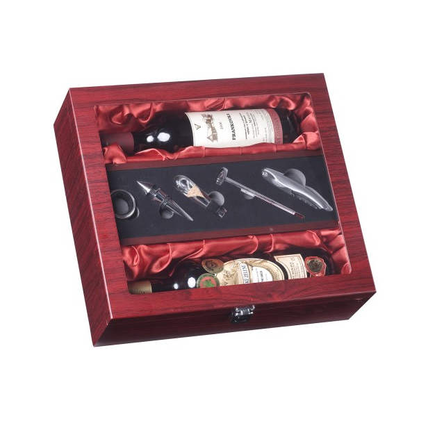 Exkluzívny darčekový box na 2 vína mahagon presklenený + 5 vinárskych pomôcok.PNG