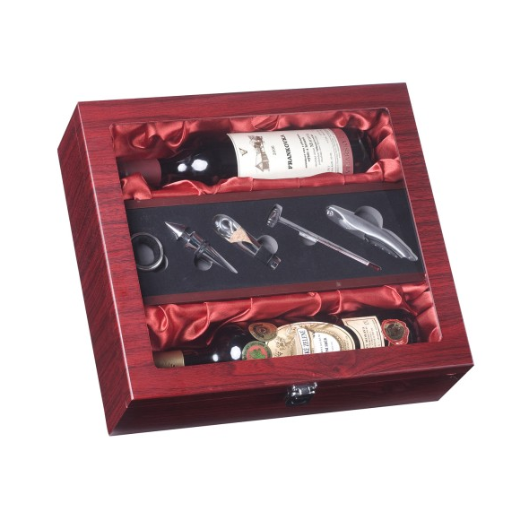 Exkluzívny darčekový box na 2 vína mahagon presklenený + 5 vinárskych pomôcok.PNG